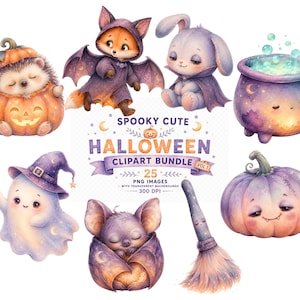 May include: A digital clipart bundle featuring watercolour illustrations of a hedgehog in a pumpkin, a fox in a bat costume, a rabbit in a cape, a purple cauldron, a ghost in a witch hat, a bat, a broom, and a pumpkin with the text SPOOKY CUTE HALLOWEEN.