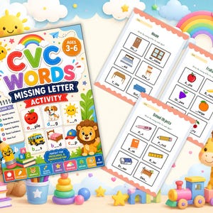 May include: A CVC Words Missing Letter activity book for ages 3-6 featuring colorful illustrations of an apple, dog, sun, bus, bed, and cap. The cover displays the title CVC Words Missing Letter Activity with educational icons and a cartoon pencil.