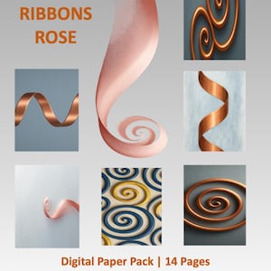 Könnte beinhalten: Ein digitales Papierpaket mit 14 Seiten voller Kupferbänder und rosafarbener Spiraldesigns. Die Sammlung enthält verschiedene metallische Bandmuster, wirbelnde Kupfermotive sowie blaue und gelbe Spiralgrafiken mit dem Text COPPER RIBBONS ROSE.