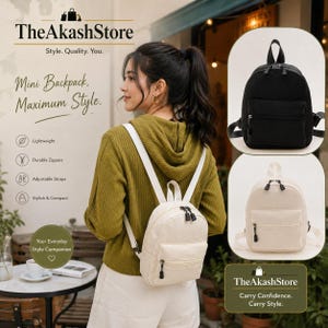 May include: A mini backpack featuring a main compartment and a front zippered pocket with durable zippers and adjustable straps. The backpack is shown in solid black and solid off-white colors, with a compact design and a top handle.