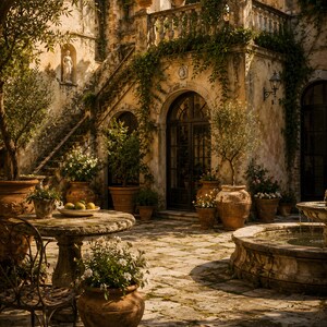 Italian Courtyard Wall Art – Terracotta Pots & Mediterranean Garden Print – Rustic Italian Architecture – Printable Fine Art Download