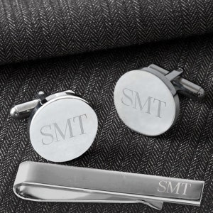 Silver Round Cufflinks & Tie Clip Set Groomsmen Gift, Personalized Groomsmen Gifts, Engraved Cuff Link Tie Bar Set, Groomsmen Proposal Gift