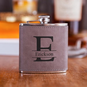 Personalized Grey Leather Flask, Groomsmen Gift, Engraved Flask, Gift for Men, Stocking Stuffer, Gray Hip Flask, Last Minute Gift Ideas