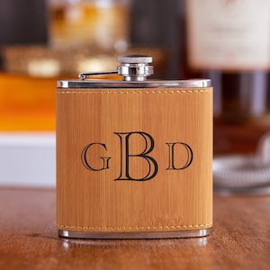 Personalized Leather Bamboo Flask, Groomsmen Gift, Engraved Flask, Gift for Men, Stocking Stuffer, Bamboo Hip Flask, Christmas Gift for Him