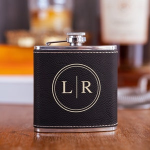 Personalized Black Leather Flask, Groomsmen Gift, Engraved Flask, Gift for Men, Stocking Stuffer, Black Hip Flask, Cool Gift for Brother