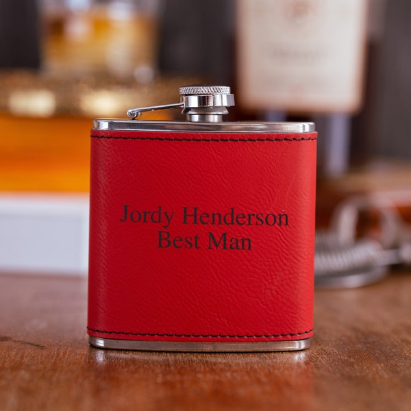 Personalized Red Flask, Groomsmen Gift, Engraved Leather Flask, Gift for Men, Stocking Stuffer, Red Hip Flask, Best Wedding Flask for Guys