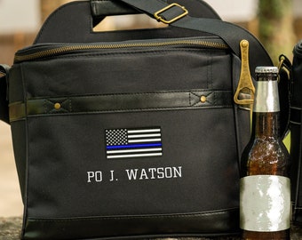 Police Gift, Thin Blue Line Flag Cooler, Personalized Police Officer Gifts, Cop Gift for Him or Her, Police Cooler with Bottle Opener