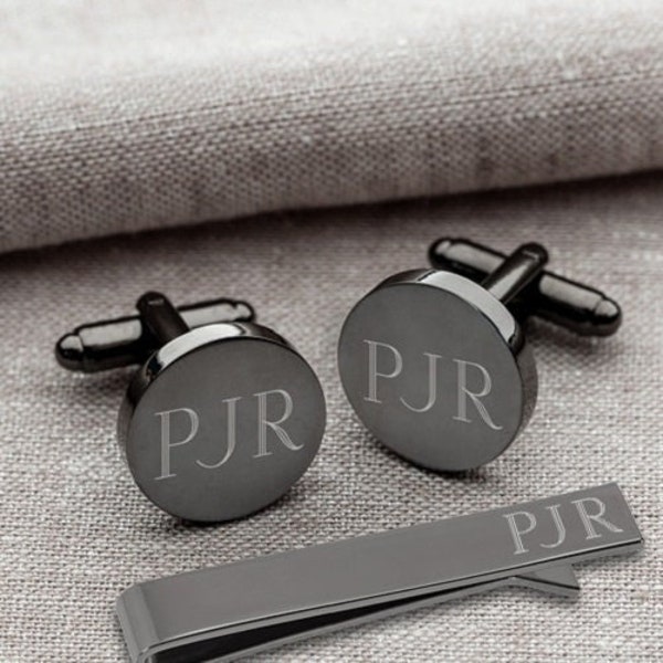 Gunmetal Cufflinks and Tie Clip Set, Round, Personalized Groomsmen Gift, Custom Engraved Cuff Links & Tie Bar Set for Groom, Gift Boxed