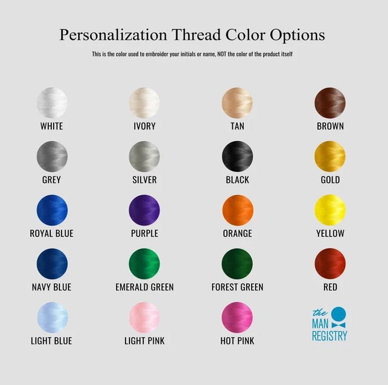 Puede incluir: Un gr&aacute;fico que muestra las opciones de color de hilo para la personalizaci&oacute;n. Los colores incluyen blanco, marfil, marr&oacute;n claro, marr&oacute;n, gris, plata, negro, oro, azul real, morado, naranja, amarillo, azul marino, verde esmeralda, verde bosque, rojo, azul claro, rosa claro y rosa intenso.