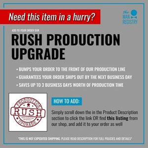 Puede incluir: Un gr&aacute;fico rojo y blanco con el texto "RUSH PRODUCTION UPGRADE" y un c&iacute;rculo rojo con una estrella blanca y el texto "RUSH PRODUCTION UPGRADE" dentro. El texto "Need this item in a hurry?" est&aacute; en la parte superior del gr&aacute;fico. El texto "ADD TO YOUR ORDER OUR" est&aacute; debajo del texto "Need this item in a hurry?" El texto "HOW TO ADD:" est&aacute; debajo del c&iacute;rculo rojo. El texto "Simply scroll down the in the Product Description section to click the link OR find this listing from our shop, and add it to your order as well" est&aacute; debajo del texto "HOW TO ADD:". El texto "*THIS IS NOT EXPEDITED SHIPPING. PLEASE READ DESCRIPTION FOR FULL POLICIES AND DETAILS*" est&aacute; en la parte inferior del gr&aacute;fico.