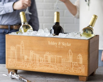 Engraved Charlotte Skyline Wood Wine Trough, Personalized with Names, Custom Wine Chiller