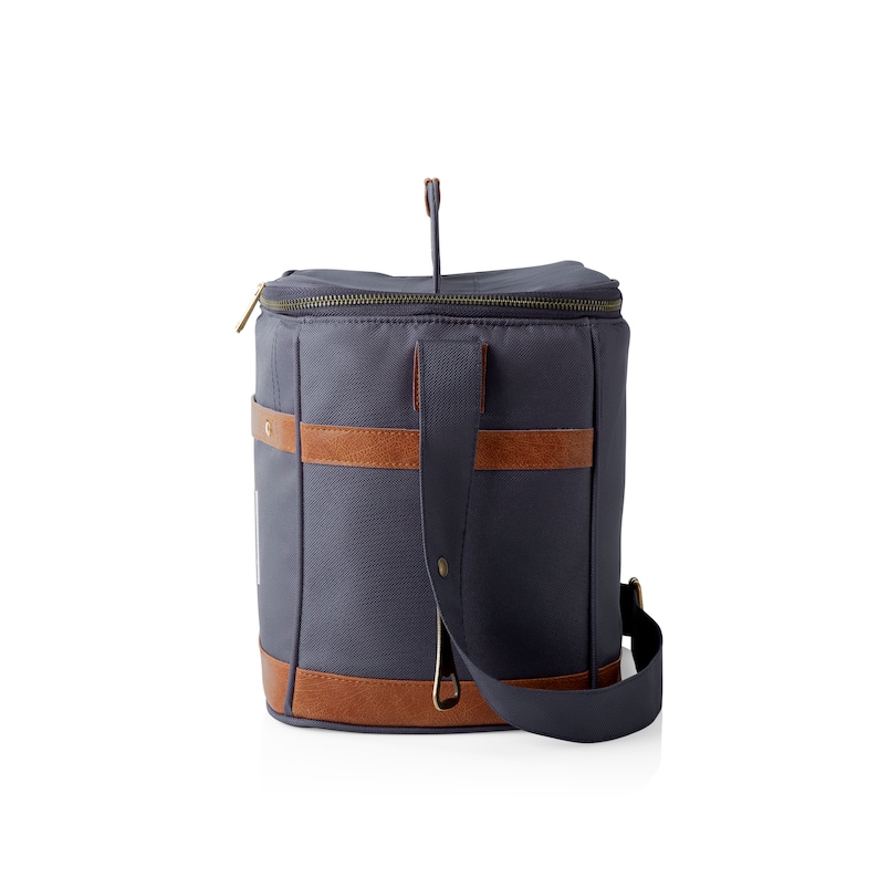 K&ouml;nnte beinhalten: Eine blaue K&uuml;hltasche aus Canvas mit braunen Lederelementen und einem Rei&szlig;verschluss. Die Tasche hat einen Schultergurt und einen Tragegriff.
