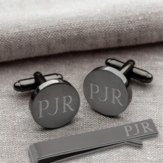 Gunmetal Cufflinks and Tie Clip Set Round Personalized - Etsy