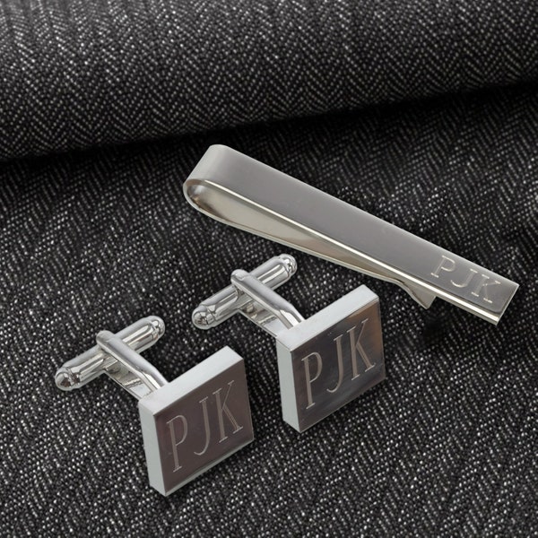 Silver Square Cufflinks and Tie Clip Gift Set for Groomsmen, Personalized Groomsmen Gifts, Cuff Link and Tie Bar Set for Groom, Best Man