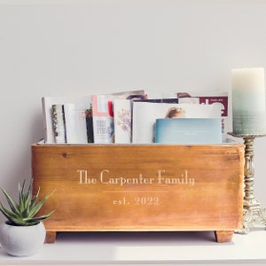 Engraved wood magazine and book rack