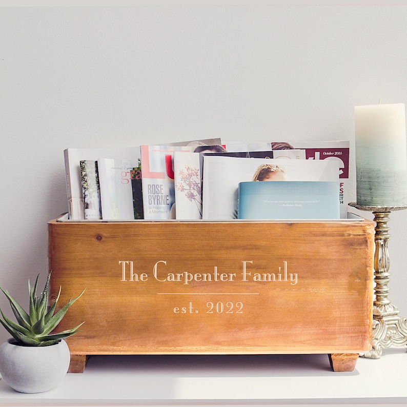 Engraved wood magazine and book rack