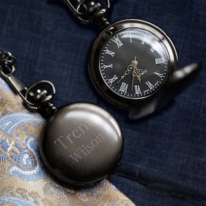 Gunmetal Grey Pocket Watch, Engraved Pocket Watch, Men&#39;s Pocket Watch, Gift for Him, Groomsmen Gift, Custom Pocket Watch, Pocket Watches