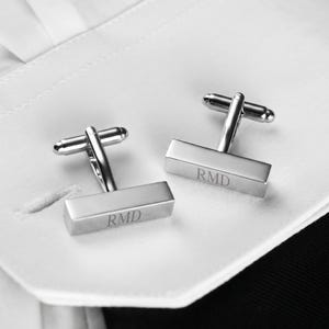 Silver Rectangle Groomsmen Cufflinks, Custom Groomsmen Gift, Cufflink Bars, Engraved Rectangular Cufflinks for Grooms, Men, Dads, Gift Boxed
