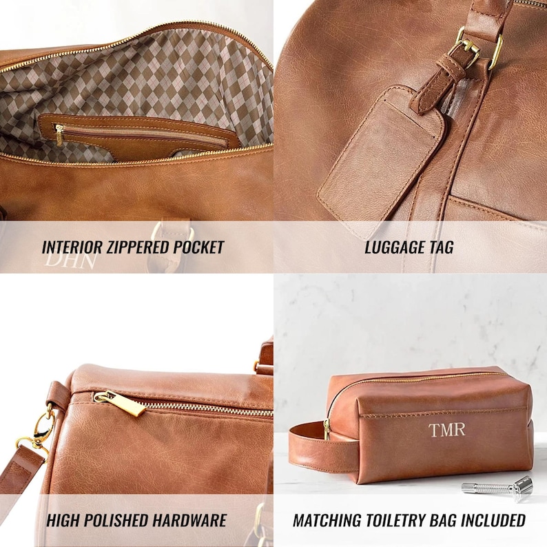Features of the brow vegan leather travel set include an interior zippered pocket, luggage tag, high polish hardware and a matching toiletry bag.