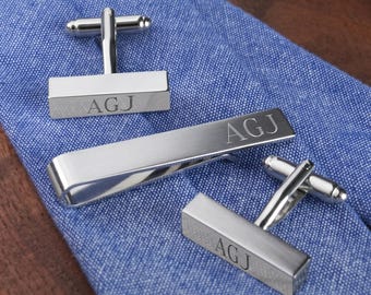 Personalized Cuff Link Bars and Tie Clip Set, Engraved Cufflinks and Tie Bar, Groomsmen Gift