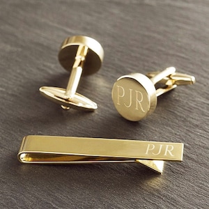 Gold Round Cufflinks and Tie Clip Set, Personalized Groomsmen Gift, Custom Engraved Cuff Links and Tie Bar Set for Groom, Gift Boxed