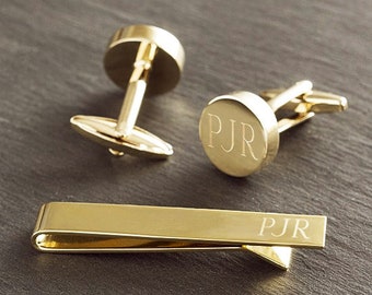 Gold Round Cufflinks and Tie Clip Set, Personalized Groomsmen Gift, Custom Engraved Cuff Links and Tie Bar Set for Groom, Gift Boxed