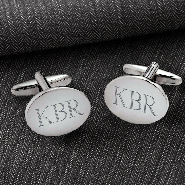 Silver Oval Groomsmen Cufflinks, Custom Groomsmen Gift, Classic Engraved Personalized Cuff Link Set for Groom, Husband, Men, Gift Boxed