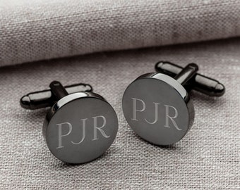 Gunmetal Round Groomsmen Cufflinks, Personalized Groomsmen Gift, Engraved Custom Cuff Link Set for Groom, Husband, Men, Gift Boxed