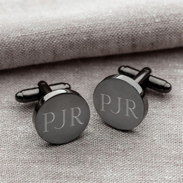 Gunmetal Round Groomsmen Cufflinks, Personalized Groomsmen Gift, Engraved Custom Cuff Link Set for Groom, Husband, Men, Gift Boxed