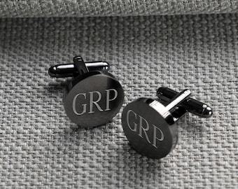 Gemelos para hombre, gemelos redondos de metal pavonado grabados, regalo personalizado para hombres.
