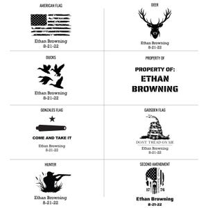 Ammo box laser engraved designs including American Flag, Deer, Ducks, Property Of, Gonzales Flag, Gadsden Flag, Hunter and Second Amendment