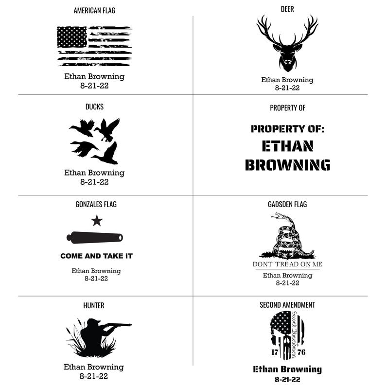 Ammo box laser engraved designs including American Flag, Deer, Ducks, Property Of, Gonzales Flag, Gadsden Flag, Hunter and Second Amendment