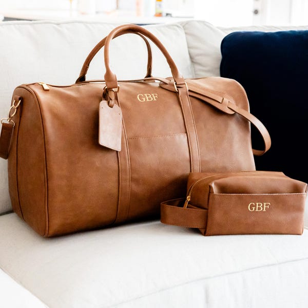 MAVERICK Personalized Men's Brown Leather Travel Gift Set, Birthday Gift Men, Guy Gifts, Men's Gift, Christmas Gift Men, Duffle Bag and Dopp