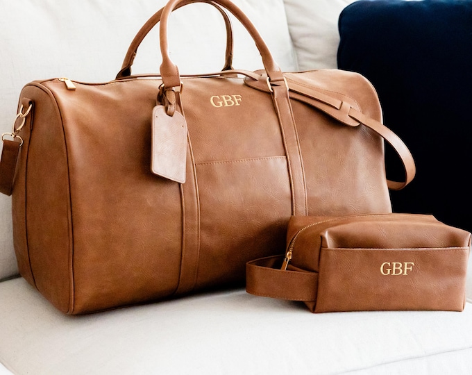 MAVERICK Personalized Men's Brown Leather Travel Gift Set, Birthday Gift Men, Guy Gifts, Men's Gift, Christmas Gift Men, Duffle Bag and Dopp