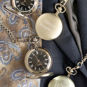 Men&#39;s Pocket Watch, Silver Pocket Watch, Monogrammed Watch, Anniversary Gift for Men, Engraved Groomsmen Watch, Wedding Gift for Groom