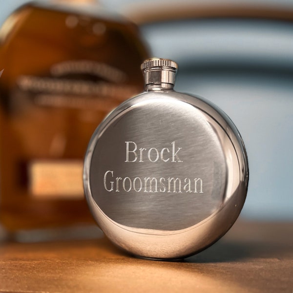 Round Groomsman Flask, Personalized Groomsmen Gifts, Engraved Circle Flask, Custom Flask, Groomsmen Proposal Gift, Best Man Flask