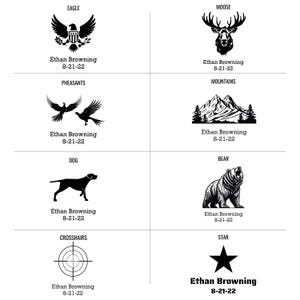 Ammo Box laser engraving designs including Eagle, Moose, Pheasants, Mountains, Dog, Bear, Crosshairs and Star.
