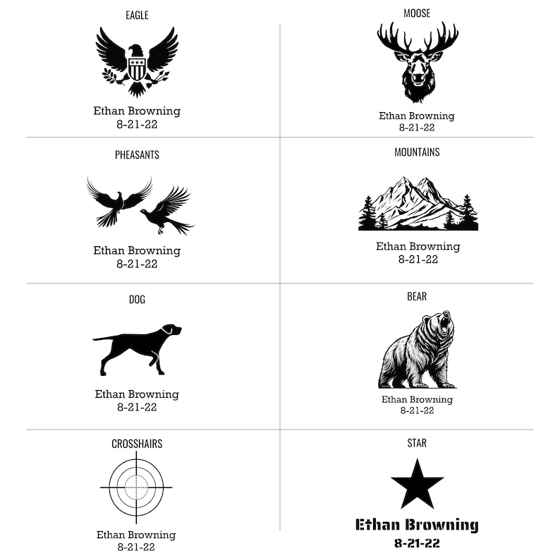 Ammo Box laser engraving designs including Eagle, Moose, Pheasants, Mountains, Dog, Bear, Crosshairs and Star.