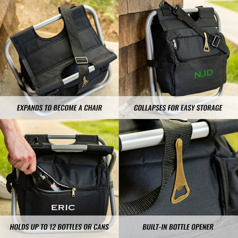 Features of the folding cooler chair include easy collapsing, capacity for 12 cans/bottles and a built-in bottle opener