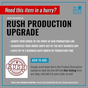 Może przedstawiać: Grafika w kolorze czerwonym i białym z tekstem "RUSH PRODUCTION UPGRADE" i czerwonym k&oacute;łkiem z białą gwiazdą i tekstem "RUSH PRODUCTION UPGRADE" w środku. Tekst "Need this item in a hurry?" znajduje się na g&oacute;rze grafiki. Tekst "ADD TO YOUR ORDER OUR" znajduje się pod tekstem "Need this item in a hurry?" Tekst "HOW TO ADD:" znajduje się pod czerwonym k&oacute;łkiem. Tekst "Simply scroll down the in the Product Description section to click the link OR find this listing from our shop, and add it to your order as well" znajduje się pod tekstem "HOW TO ADD:". Tekst "*THIS IS NOT EXPEDITED SHIPPING. PLEASE READ DESCRIPTION FOR FULL POLICIES AND DETAILS*" znajduje się na dole grafiki.