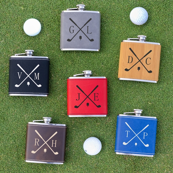 Personalized Golf Flask, Golf Gift, Bachelor Party, Golf Groomsmen Gifts, Leather Golf Flasks, Gift for Golfing Men