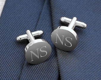 Silver Round Groomsmen Cufflinks, Personalized Groomsmen Gift, Classic Engraved Custom Cuff Link Set for Groom, Husband, Men, Gift Boxed