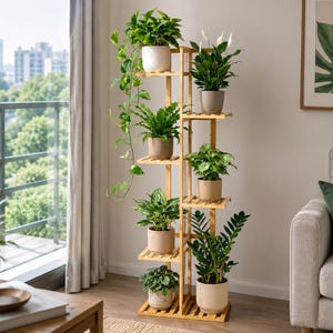 48-Inch Tall Bamboo Plant Stand for Indoor Plants – 6 Tier Corner Plant Shelf Holds 7 Pots, Natural Bamboo Tiered Planter Holder