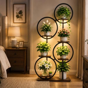 6 Tier Metal Plant Stand with Grow Lights, 55 Inch Corner Shelf, Indoor Garden