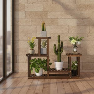 Wooden Plant Stand Set, 4 Tier 8 Pot Flower Display Rack, Indoor Outdoor Holder
