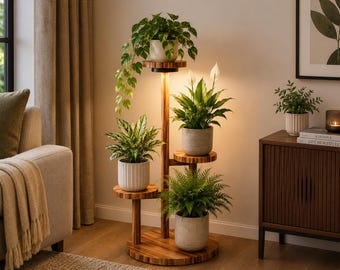 4 Tier Wood Plant Stand with Grow Lights, Tall Corner Shelf Indoor Outdoor Plants
