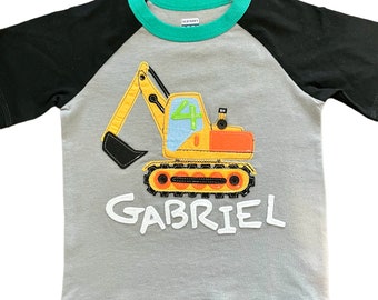 Big Yellow Excavator Shirt with Name and Age