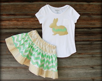 Modern Personalized Gold Easter Bunny Chevron Girl Outfit