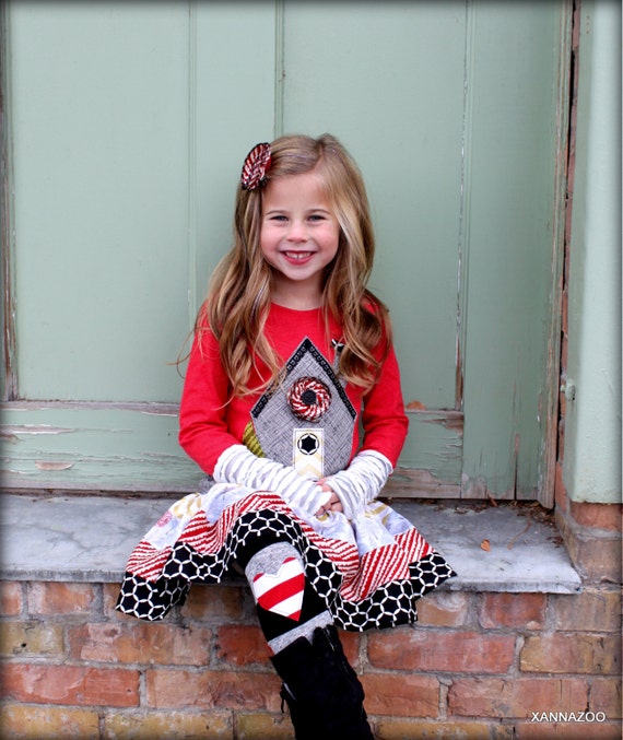 Girls Christmas Outfit Modern Gingerbread House Shirt and Skirt Dress Set