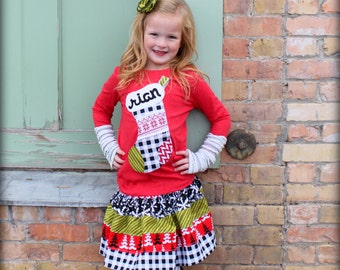 Girl Christmas Outfit Modern Personalized Christmas Stocking Shirt and Skirt Set